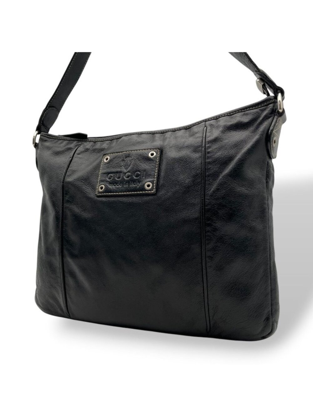 Gucci Interlocking Leather Shoulder Bag Black Silver Crossbody